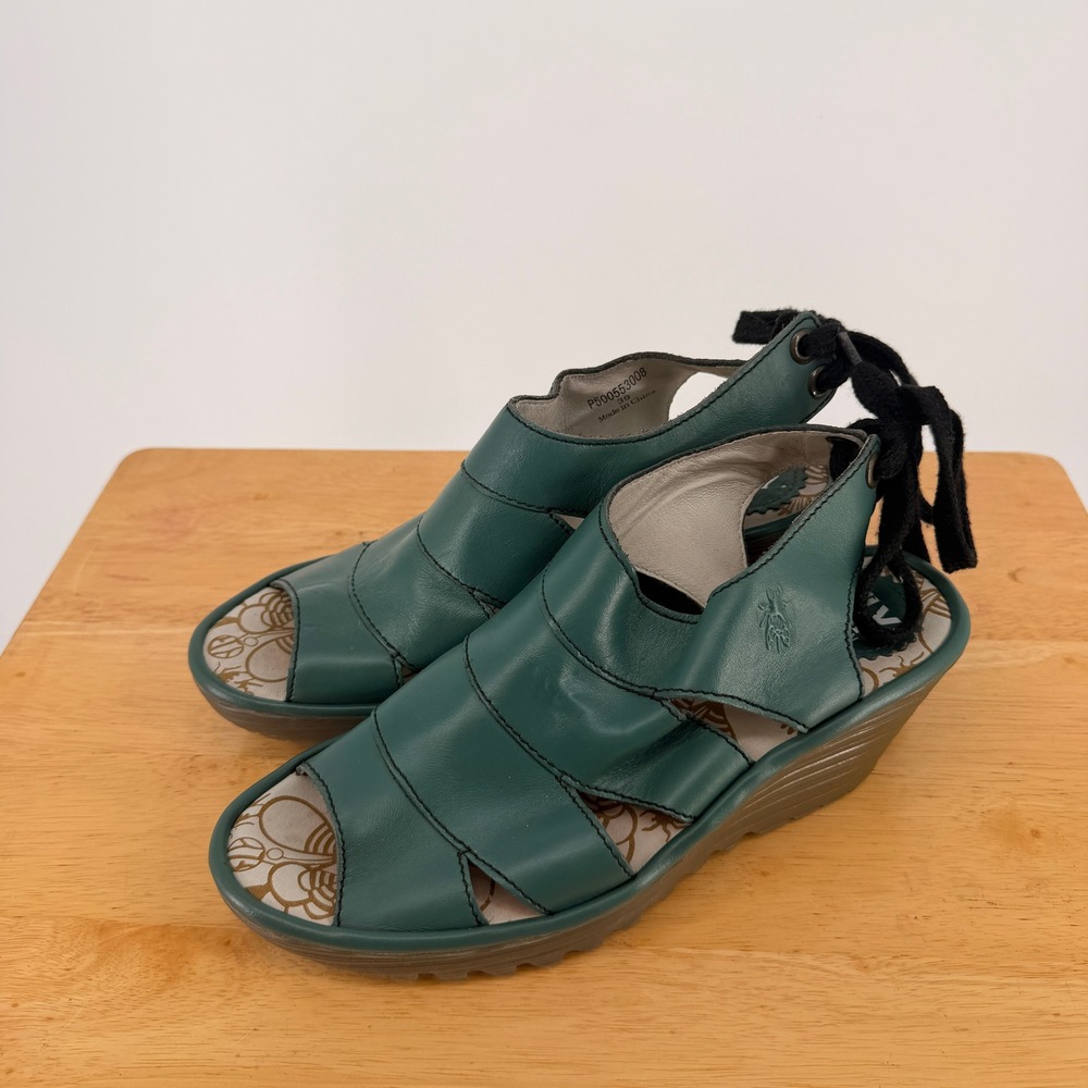Fly London Wedge Sandals Womens 39 Teal Green Leather Lace Up Comfort Artsy